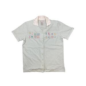 Vtg Koret Francisca Teal striped collared button up beach embroidered top Small